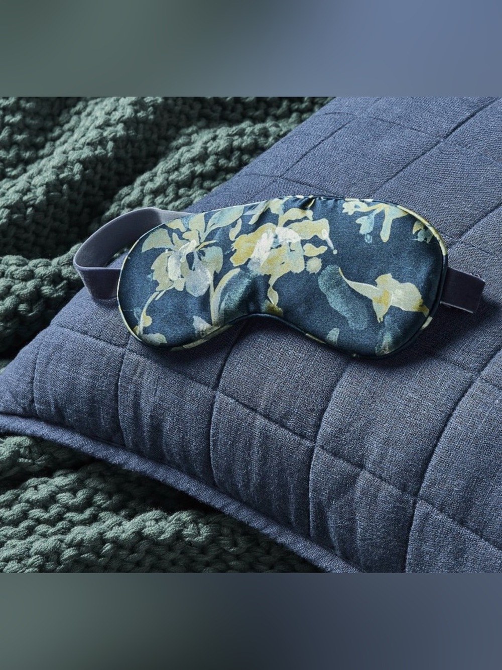 Casaluna Silk Floral Print Sleep eye Mask - Navy and Yellow